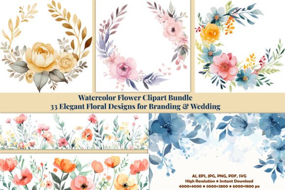 33 Watercolor Floral Clipart: Graphics and Illustrations for Sellers
