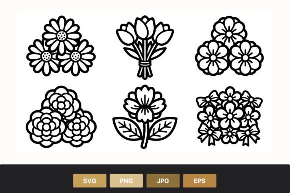 Black and White Floral Bouquet Line Art Graphics and Illustrations