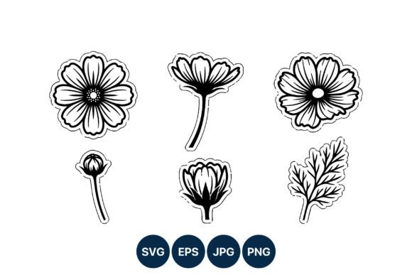 Black White Floral Line Art Daisy Leaf Graphics and Illustrations