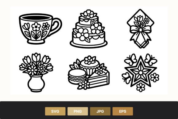Floral Tea Cup and Cake Line Art Icons