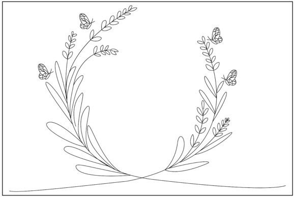 Floral Wreath Butterfly Line Art Graphics and Illustrations