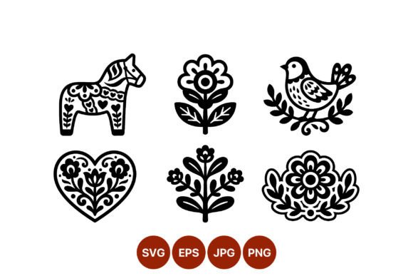 Folk Art Floral Horse Heart Bird Icons Graphics and Illustrations