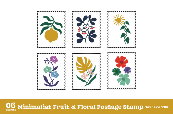Minimalist Fruit Floral Postage Stamp Graphics and Illustrations