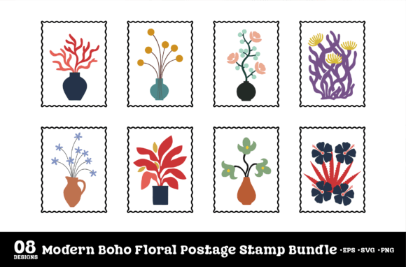 Modern Boho Floral Postage Stamp Bundle Graphics and Illustrations