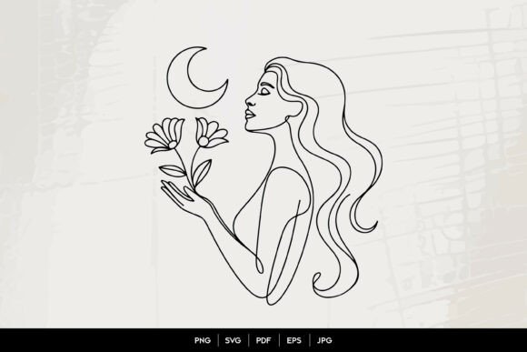 Moon Goddess Floral Line Art Graphics and Illustrations Review